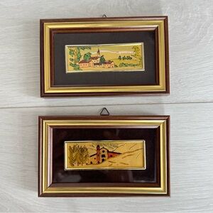 2 Framed Miniature Italian Gold Foil Hand Painted Scenic Landscape Artworks